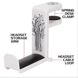 Hoofdtelefoon Hanger met Verstelbare Draaibare Arm - Onder Bureau Klem, Universele Pasvorm en Kabel Organiser - Wit — thumbnail 5