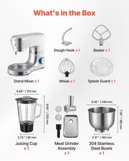 Keukenmachine - Standmixer en Deegmixer - 1500 W - RVS Kom 6 L + Mengkom 1,5 L - 6 Snelheden + Pulse - Deeghaak, Garde en Klopper — thumbnail 2