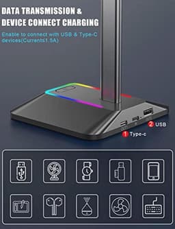 Hoofdtelefoonstandaard met RGB LED, Universele Gaming Hoofdtelefoonhouder met USB Type-C Lader en Gegevensoverdracht — thumbnail 5