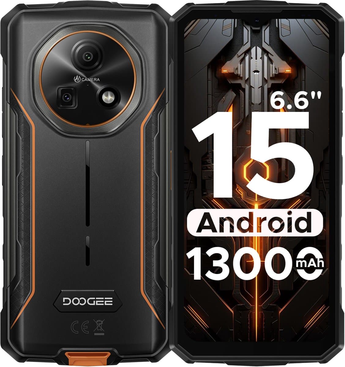 DOOGEE Fire 5 4G - Robuuste Smartphone - Robuuste Telefoon - Android 15 - 12 GB RAM / 64 GB ROM (TF 2 TB) - 6,6-inch HD+90 Hz - 13000 mAh - 13 MP +8 MP camera - Face ID - NFC - OTG - GPS -Oranje — afbeelding 1