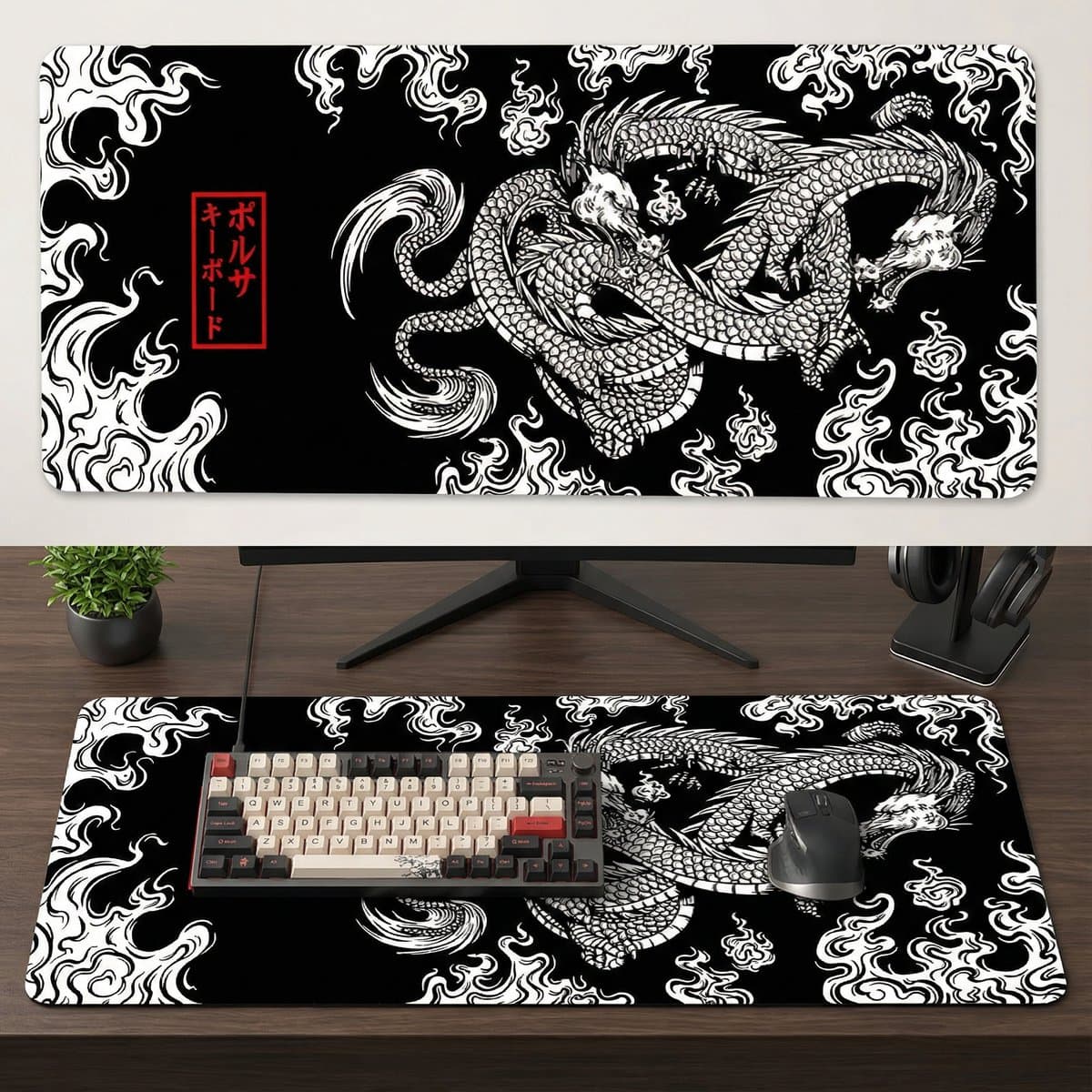 Grote Muismat 80x30 | Gaming Muismat | Zwart en wit | XXL | Antislip | Desktop Mat | Computer Mat | Draak — afbeelding 1