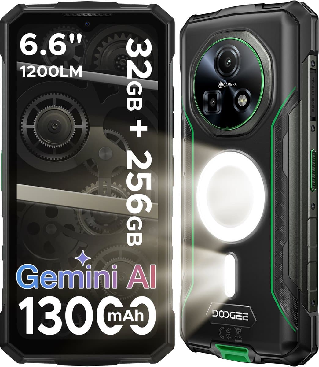 DOOGEE Fire 5 Ultra-AI Robuuste Smartphone-32GB RAM - 256GB ROM-6,6 inch 90 Hz-Robuuste Telefoon - IP68 Waterdicht -1200-lumen kampeerlamp-13000 mAh- Gemini AI-gezichtsherkenning- Android 15 - NFC - GPS-Groen — afbeelding 1