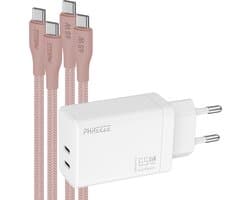 Phreeze usb C oplader 65 W - Laptop power adapter met 2 usb C naar usb C kabels 1m roze - Dual port snellader