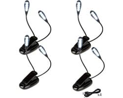 Oplaadbare Leeslamp met Klem en 2 Flexibele Koppen - Verstelbaar Licht voor Bed en Reizen (4 Stuks)