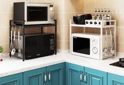 Verstelbaar Magnetronrek – Keukenschap van RVS – Zwart – Ruimtebesparend Keukenrek– magnetron rek – Keuken Magnetronkast met 6 Haken – voor Magnetrons, Airfryers, Oven – 36557 — thumbnail 11