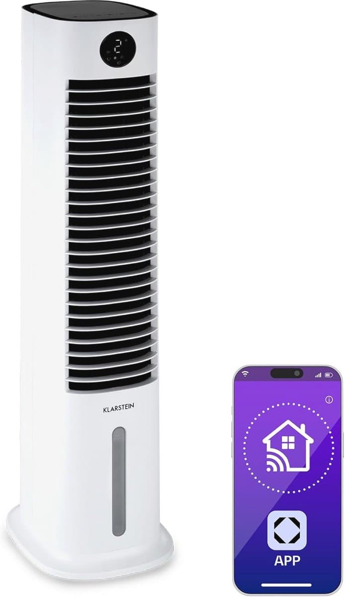 Klarstein Skytower Smart Air Cooler Fan Air Purifier Humidifier, WLAN Function, App Control, Air Movement: 480 m³/h, 80 W, 8 L, 2 x Cold Packs, Horizontal Oscillation, White — afbeelding 1