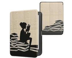 kwmobile e-reader case compatible with Kobo Clara HD - Magnetic closure - Ereader case - Girl with books in black/beige