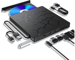 7-in-1 Externe DVD / CD Speler en Brander voor Laptop - USB 3.0 & USB-C - Windows, MacOS & Linux – 4 USB-poorten – SD/TF (Micro SD) Kaartlezer