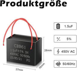 Aanloopcondensator voor AC motor 1,5uF 450V voor ventilatoren (3 stuks) — thumbnail 5