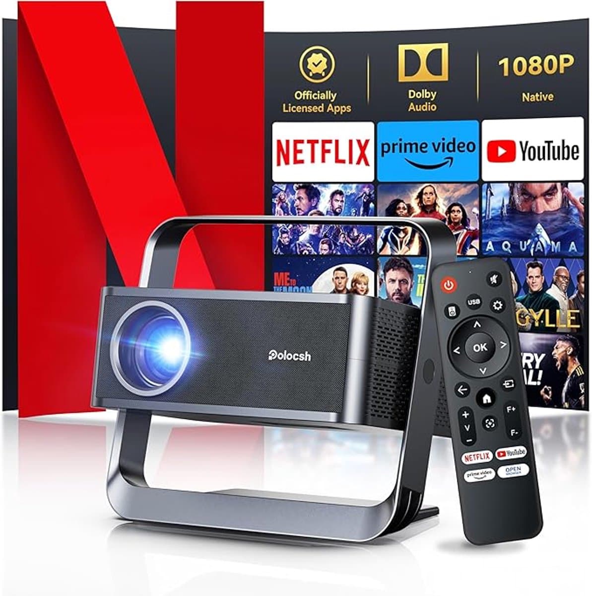 Mini Beamer met Wi-Fi 6 & Bluetooth 5.2 -1080P FHD Smart Projector met 4K-Ondersteuning – 30.000 Lumen – 4D/4P Keystone & Elektrische Scherpstelling – 270° Draaibaar Design — afbeelding 1