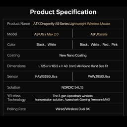 ATK A9 Ultra Max - Draadloze Gaming Muis - Ultralicht - 53 Gram - PAW3395 Sensor - 8 kHz Polling Rate - Nordic nRF52840 MCU - 600 mAh Batterij - Optische Switches - Ice-Feel Coating - RGB - Wit — thumbnail 3