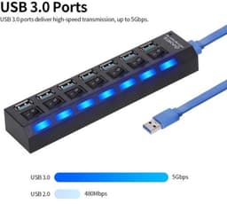 7-poorts USB-hub - USB-splitter en poortuitbreider - Meer aansluitingen creëren - Individuele AAN/UIT-schakelaars - 16.5 cm - Zwart — thumbnail 3