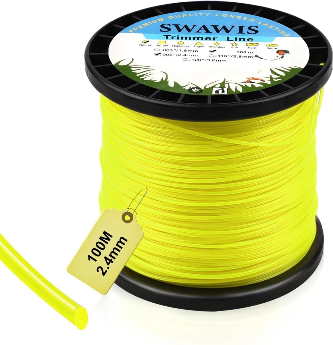 SnelShoppen - Grastrimmerdraad 2,4 mm/100 m - Reserve Trimmerlijn Nylondraad voor Grasmaaier, Bosmaaier en Tuinonderhoud - Geel, Geschikt voor Onkruid — afbeelding 1