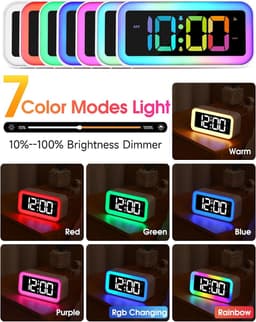 RGB-nachtlampje geschikt voor wekker - Dynamische kleureffecten en dubbele alarmfunctie - Dimbaar LED-slaapkamerwekker geschikt voor USB-oplader - geschikt voor studenten, volwassenen en senioren - Wit — thumbnail 2