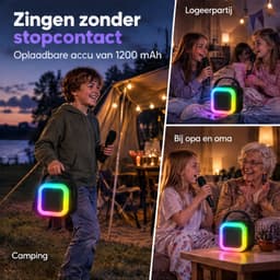 Cheqo® Karaoke Set met 2 Draadloze Microfoons - Karaoke Machine voor Kinderen en Volwassenen - RGB LED Verlichting - Party Speaker met Microfoon - Draagbare Luidspreker met Handvat - Muziekbox - Echo Effect - Oplaadbaar met USB - Zwart — thumbnail 3