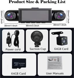 TEKROA® Dashcam Auto - Dashcams - 4 Lenzen (Voor, Achter, Links, Rechts) - 1080P Full HD - WiFi & GPS - Nachtzicht - G-Sensor - Parkeerbewaking - 3,16 Inch met App - Incl. 64GB SD-Kaart - zwart — thumbnail 4
