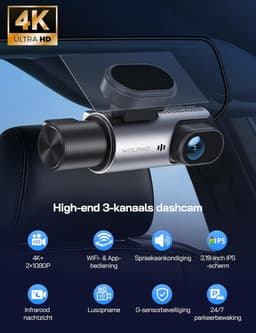 3-kanaals Dashcam - 4K Resolutie - Super Nachtzicht - Ingebouwde Wifi - Voor Auto's — thumbnail 2