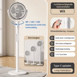 Luchtbevochtigende Statiefventilator met Afstandsbediening - Draadloos Oplaadbaar - 4 Windsnelheden - 3 Hoogtes - Vernevelfunctie - Timer 3/6/9 Uur - USB-C - Zwart — thumbnail 4