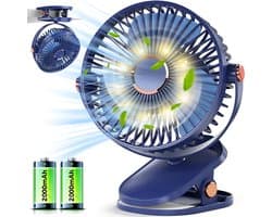 USB-ventilator - Kleine tafelventilator met LED, oplaadbare clipventilator van 4000 mAh, stille elektrische bureauventilator, batterijduur van meer dan 15 uur, draagbare ventilator op batterijen