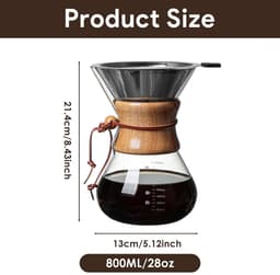 Dailygoods- Koffiezetapparaat 800 ml - Giet op het koffiezetapparaat - Roestvrij staal filter - Houten hals - Glas - Afmetingen 13 x 21,4 cm - Koffiefilter — thumbnail 4