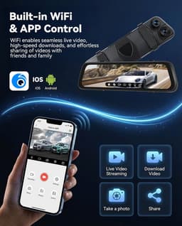 Dashcam Achteruitkijkspiegel - 9,66 Inch HD Touchscreen - 1080p + 2 x 720p - Met Wifi en App - Voor Auto's en Bestelwagens — thumbnail 3
