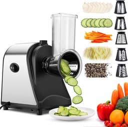 Elektrische Groentesnijder - Keukenmachine Grater - Snel Groenten Snijden - 5 Roestvrijstalen Inzetstukken - 250 Watt - Zilver Zwart — thumbnail 1