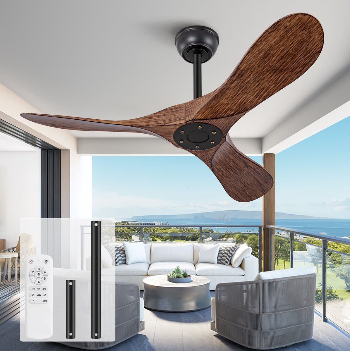 MIVRAY Plafondventilator 42 Inch Zonder Licht Afstandsbediening 6 Snelheden Omkeerbare DC-Motor ABS Zwart Donker Walnoot Binnen Buiten — afbeelding 1