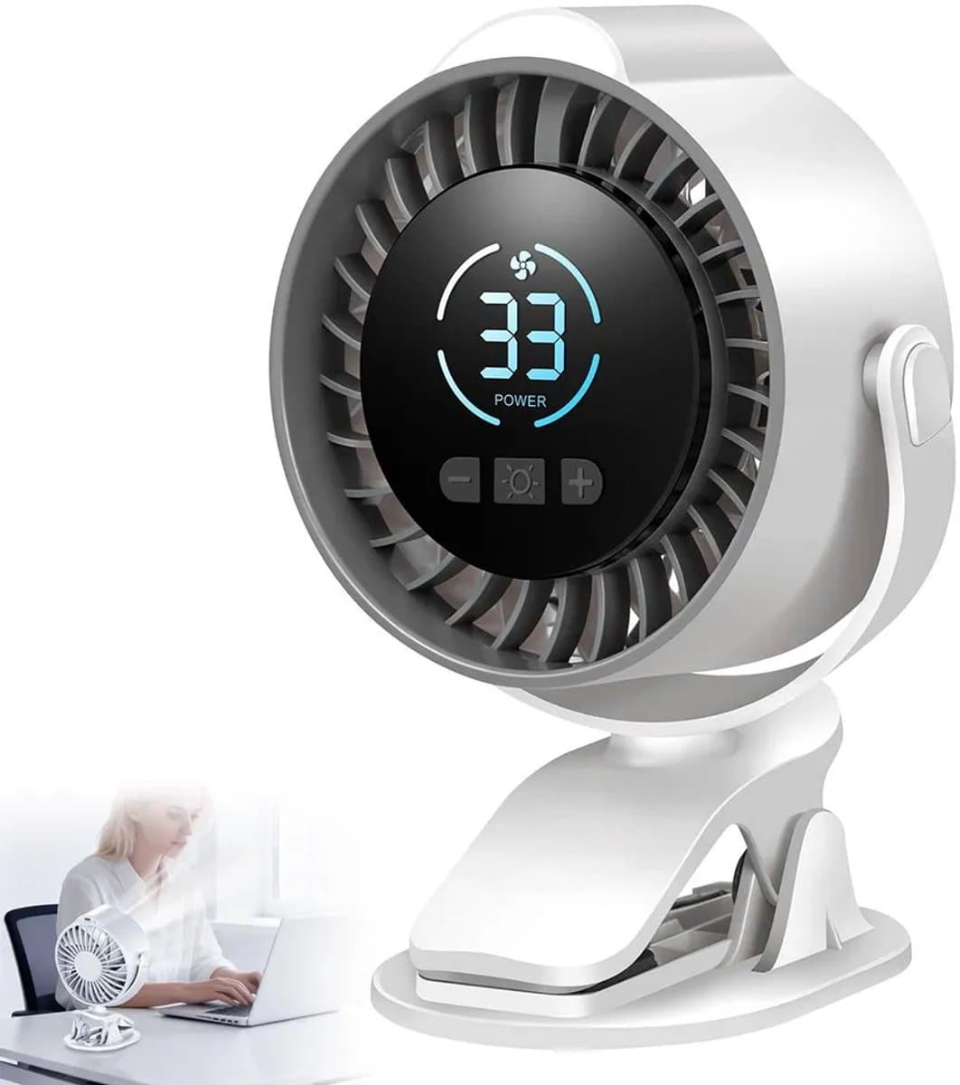 Clip-on USB-ventilator met 100 snelheidsinstellingen; 720° draaibare bureauventilator met led-display; stille, op batterijen werkende ventilator, Geschikt voor kinderwagens, kantoren en kamperen. — afbeelding 1