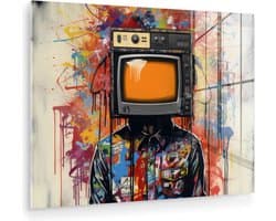MuchoWow® Glasschilderij 80x60 cm - Schilderij acrylglas - Televisie - Graffiti - Mens - Kleuren - Foto op glas - Muurdecoratie woonkamer - Wanddecoratie slaapkamer - Schilderijen