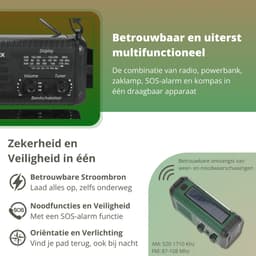Nexvex® Pulse 2X Noodradio Powerbank 20000mAh - Solar Powerbank Zonneenergie - Noodpakket - Survival Kit Kamperen - Militaire Zaklamp LED Oplaadbaar - Draagbare Radio Wandelen - Leeslamp - Nood Kompas - Opwindbaar - Zonnepaneel - Noodrantsoen - Groen — thumbnail 3