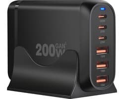 200W USB C Snellader - 6 Poorts - Desktop Oplader - 100W PD Fast Charging - Geschikt voor Smartphone, Laptop en Tablet - Staza