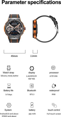 WizBay Premium Select® 1,43 Inch AMOLED Sport Smartwatch Rood Zwart - Bluetooth Bellen - Hartslag Bloeddruk Zuurstof - IP68 Waterdicht - 100+ Sportstanden - 466x466 — thumbnail 3