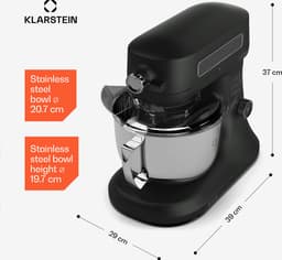 Klarstein Chiara 1600W Keukenmachine – 5L roestvrijstalen kom, 12 snelheden, LCD-touchdisplay, Stil ≤72 dB, Vaatwasserbestendige patisserieset, Aluminium spuitgietbehuizing, Zwart — thumbnail 2