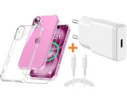 USB C Adapter - USB C Snellader 20W Met 1m Kabel - Hoesje Geschikt voor iPhone 16 transparant Anti Shock silicone met 2x screenprotector- Ntech COMBI-SET