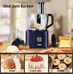 Keukenmachine - Alles in 1 keukenmachine - Multifunctionele keukenmachine - Vleesmolen - Garde - Kneder - Shredder - Sinaasappelpers - Hakselaar - Blender - 1100W - Blauw — thumbnail 2
