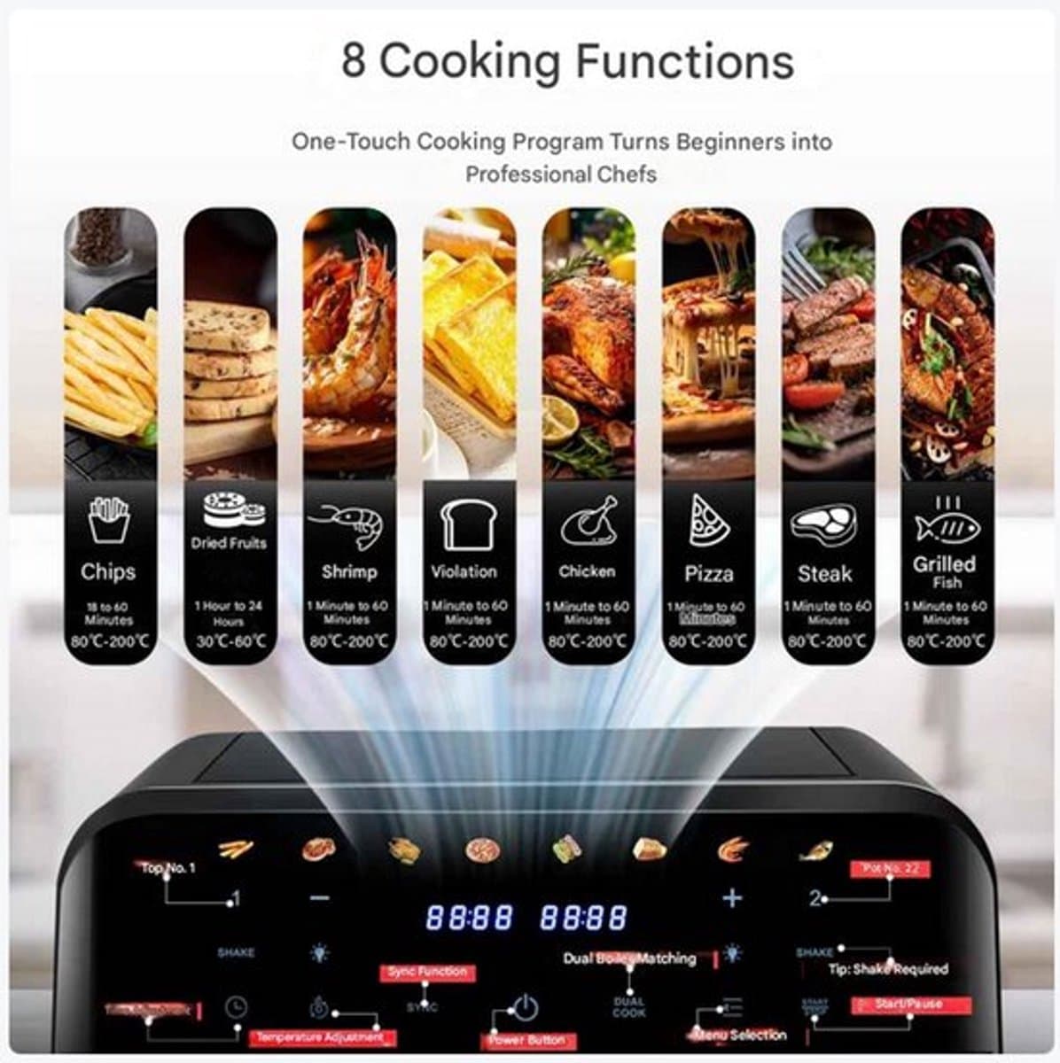 Heteluchtfriteuse – Airfryer - Airfryer Oven - 15L - Dubbele Zones - 2600W - 240V - 8 Programma’s - Dubbele Mand XL -Touch Bedieningspaneel - Kijkvenster - Zwart — afbeelding 1