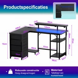Devoko L-Vormig Gaming Bureau 135 x 50/40 x 73.5/88.5 cm – Met RGB LED-Lichtstrook – 12 mm E1 Spaanplaat – Koolstofvezel Zwart – Inclusief EU Stekkerdoos met 2 USB – Zwart — thumbnail 2