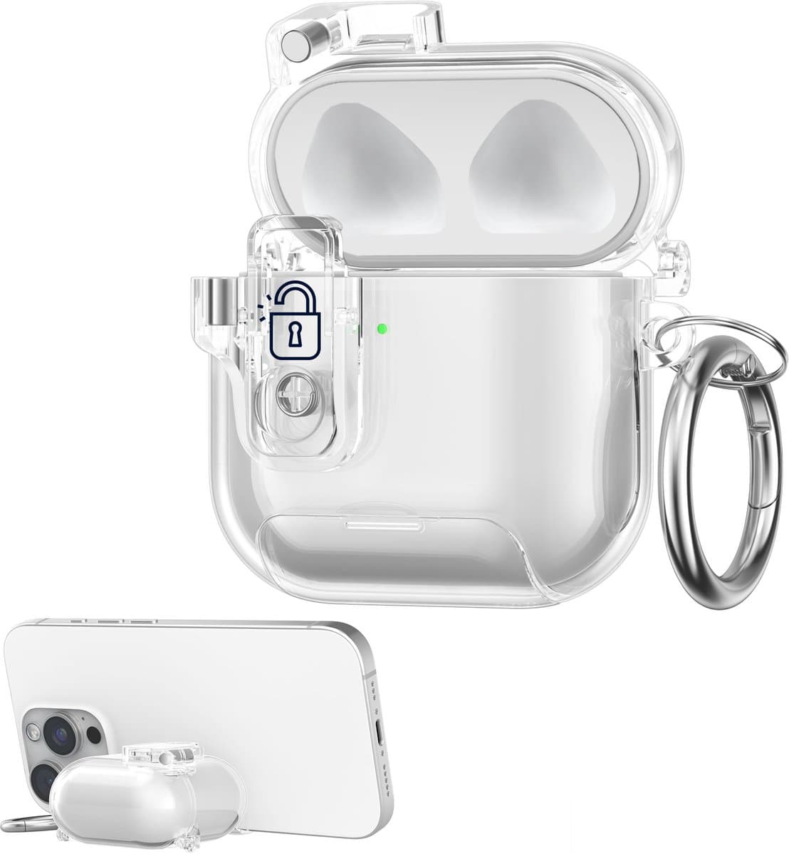 kwmobile Transparante hoofdtelefooncase voor Apple Airpods 4 hoes - Headphones TPU cover met standaardfunctie en veiligheidsvergrendeling - transparant — afbeelding 1