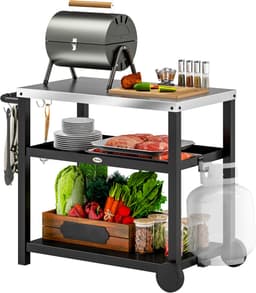 Daity Buitenbarbecuewagen, verplaatsbaar pizzaovenrek met drie niveaus, roestvrijstalen werkblad, verplaatsbare barbecuewagen met haken en wielen, antracietgrijs. — thumbnail 1