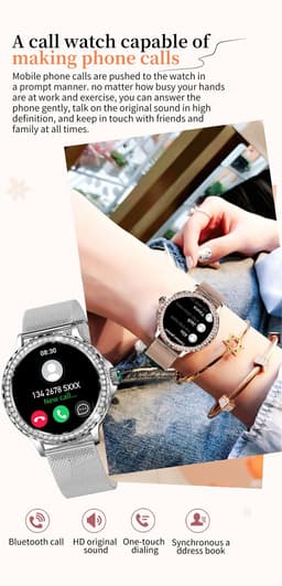 Knobbout Luxe Smartwatch voor Dames – Met Sprankelende Kristallen-1.3" IPS HD Touchscreen – Bluetooth 5.2 Bellen – Hartslag & Bloeddrukmeting – IP68 Waterdicht – Zilverkleurige Roestvrijsta — thumbnail 5