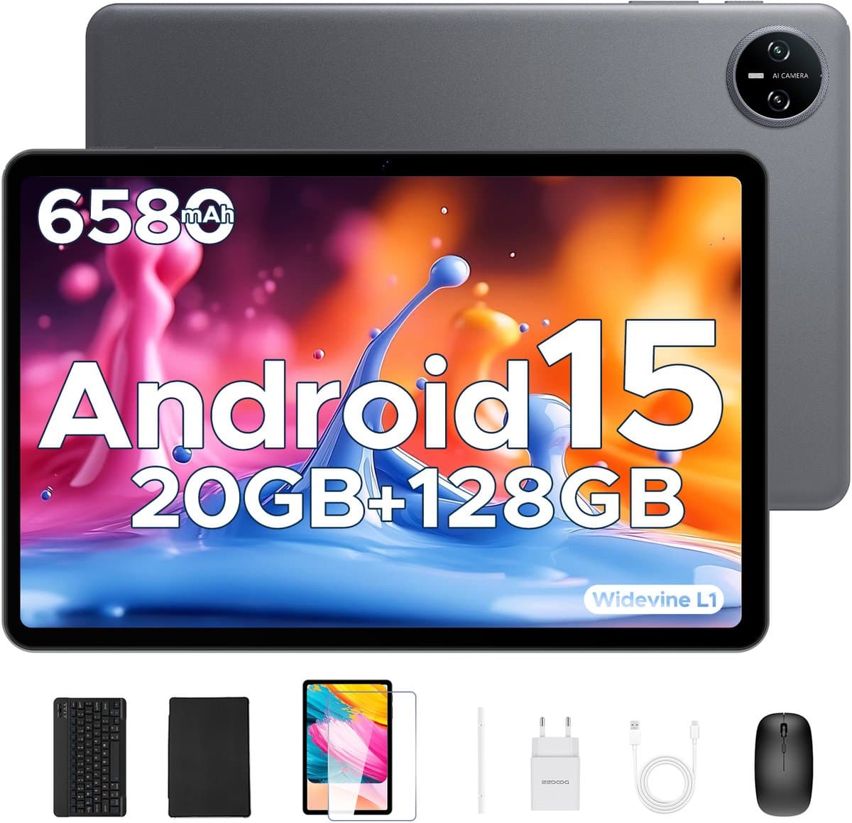 DOOGEE Tab A9 Pro - Android 15 - Tablet met toetsenbord - 10 inth HD 4GB RAM + 128GB ROM (2TB TF) - 6580mAh - Face ID - 5G WiFi - Bluetooth 5.0 - Grijs — afbeelding 1