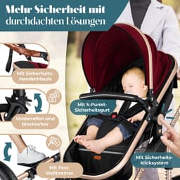KESSER® Kinderwagen 3 in 1 Loops Wandelwagen Set incl. Autostoel & Reiswieg & Buggy Sportzitje - Massieve Rubberbanden - Luiertas / Regenhoes - Rood / Champagne — thumbnail 3