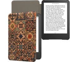 kwmobile Cork Case Compatible with Amazon Kindle (2022/2024) - Book Style Protective e-Reader Flip Cover Folio Case - Pattern Brown / Blue / Red