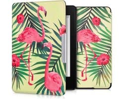 kwmobile e-reader hoesje geschikt voor Amazon Kindle Paperwhite hoes - E reader flip case met magnetische sluiting - Ereader cover - Flamingo en Palmbomen design in poederroze / groen / lichtgroen
