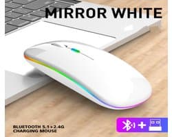 RujorTech Bluetooth Draadloze Muis Wit - Oplaadbaar en Stil - Ergonomisch Design - 2.4G USB Ontvanger - RGB LED Verlichting - Geschikt voor Laptop, PC, Mac en Android - Universele Computermuis met 4 Knoppen en Geluidloze Klik