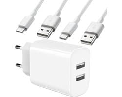 USB Adapter met 2x USB-C Kabel - 1 Meter - Wit - Oplader & Oplaadkabel voor S21,Tab S7,Tab A8,Tab S6 Lite, A52, A53, A51, A13, S22, S21, S10 - Combi pakket