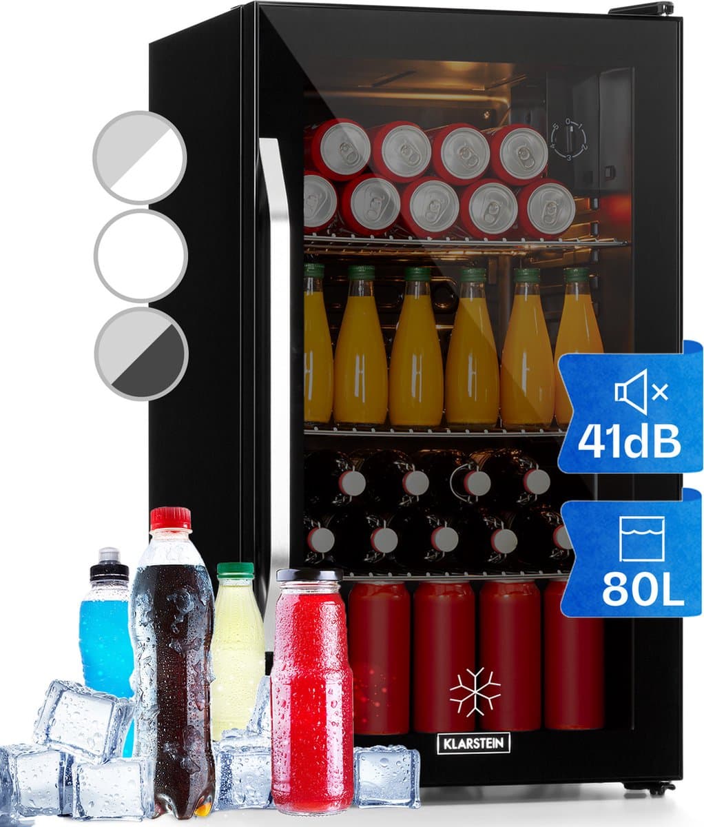 Klarstein Drankkoeler minikoelkast met glazen deur, minikoelkast voor op de kamer, kleine met verstelbare schappen, kleine koelkast van 80 liter, stille koelkast voor binnen en buiten - Drankkoelkast - Touch - Zwart - Drankenkoeler — afbeelding 1
