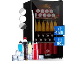 Klarstein minikoelkast met glazen deur, minikoelkast voor op de kamer, kleine drankkoeler met verstelbare schappen, kleine koelkast van 80 liter, stille koelkast voor binnen en buiten