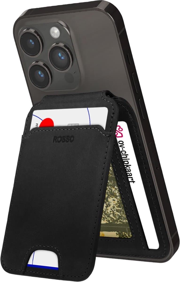 Rosso Deluxe Echt Leer Kaarthouder Compatibel met MagSafe - Magnetische Pasjeshouder - Echt Lederen Portemonnee voor Zes Pasjes - Zwart — afbeelding 1