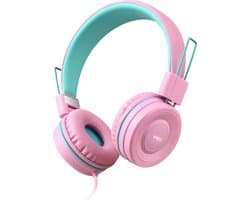 WiseQ Kinderkoptelefoon met Draad – Koptelefoon Kind – Hoofdtelefoon met Kabel – Met Microfoon – Geluidsdempend – Volumebegrenzer - Roze / Unicorn-Bubblegum